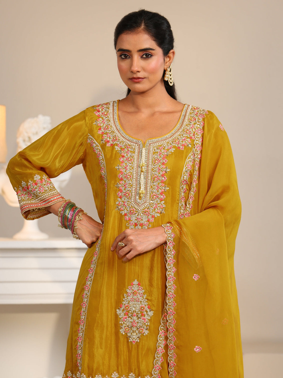 Mameraa Art Mustard Floral Embellished Organza Straight Suit Set