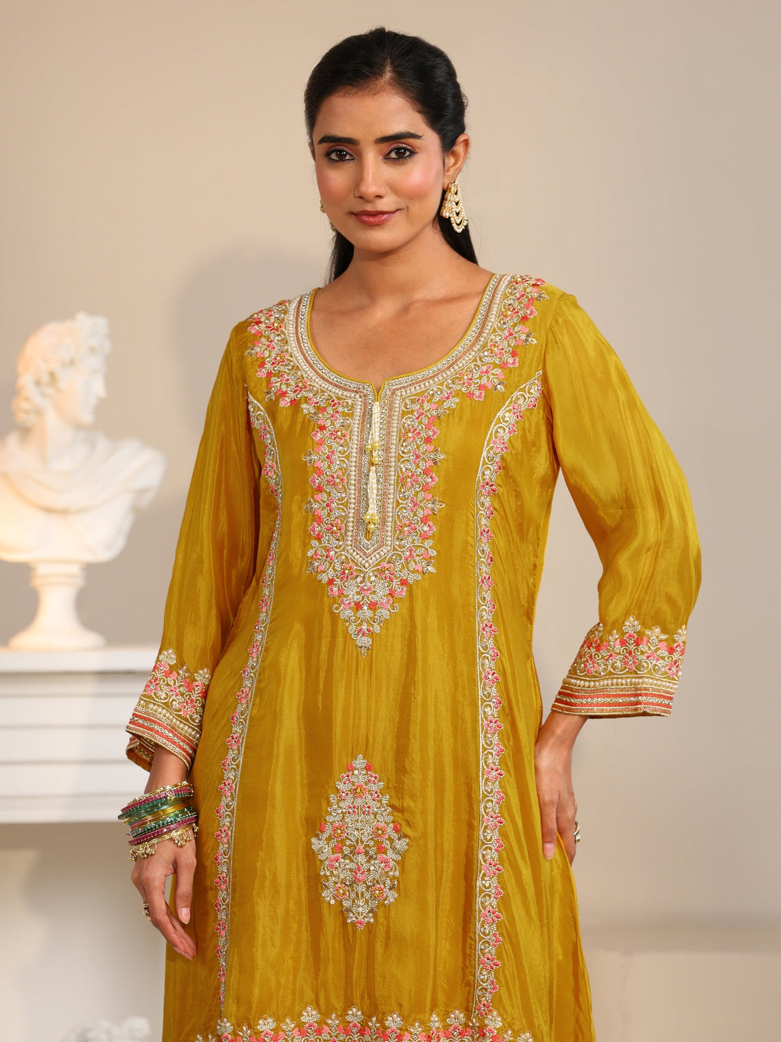Mameraa Art Mustard Floral Embellished Organza Straight Suit Set