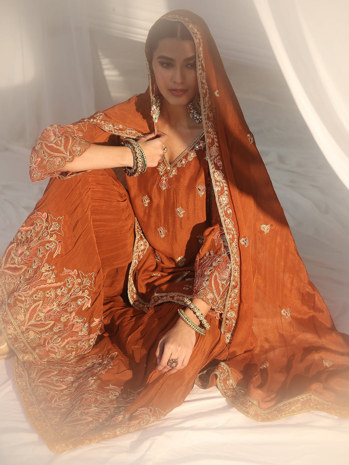 Mameraa Art Rust Brown Floral Embroidered Chinon Sharara Suit Set