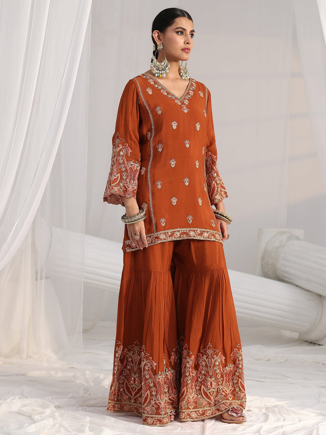 Mameraa Art Rust Brown Floral Embroidered Chinon Sharara Suit Set