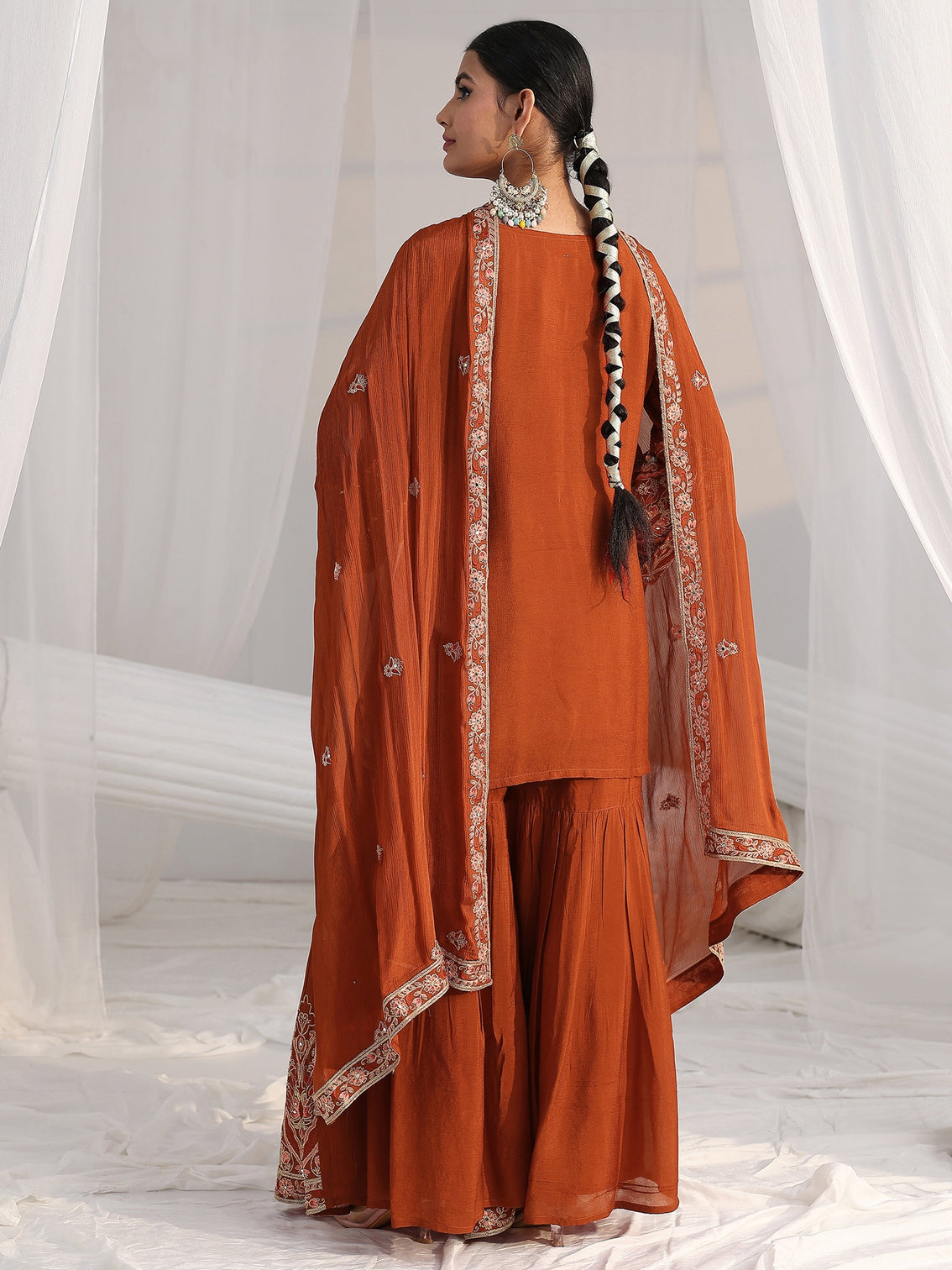 Mameraa Art Rust Brown Floral Embroidered Chinon Sharara Suit Set