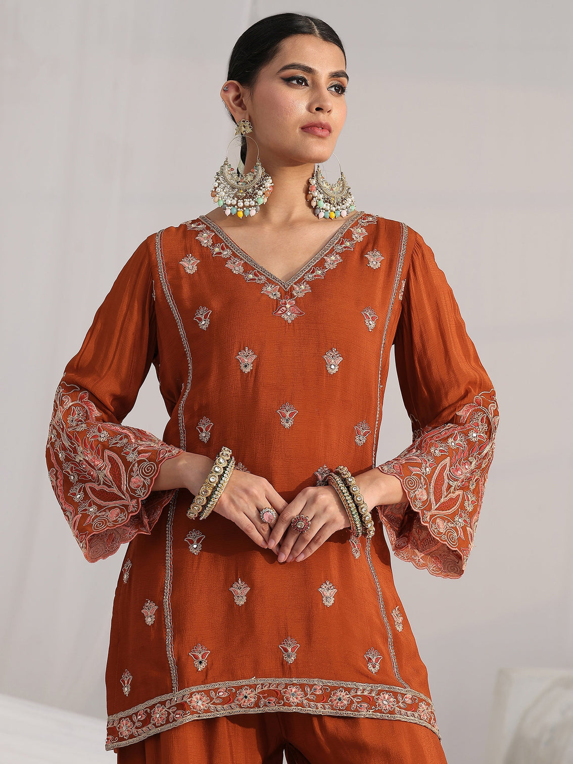 Mameraa Art Rust Brown Floral Embroidered Chinon Sharara Suit Set