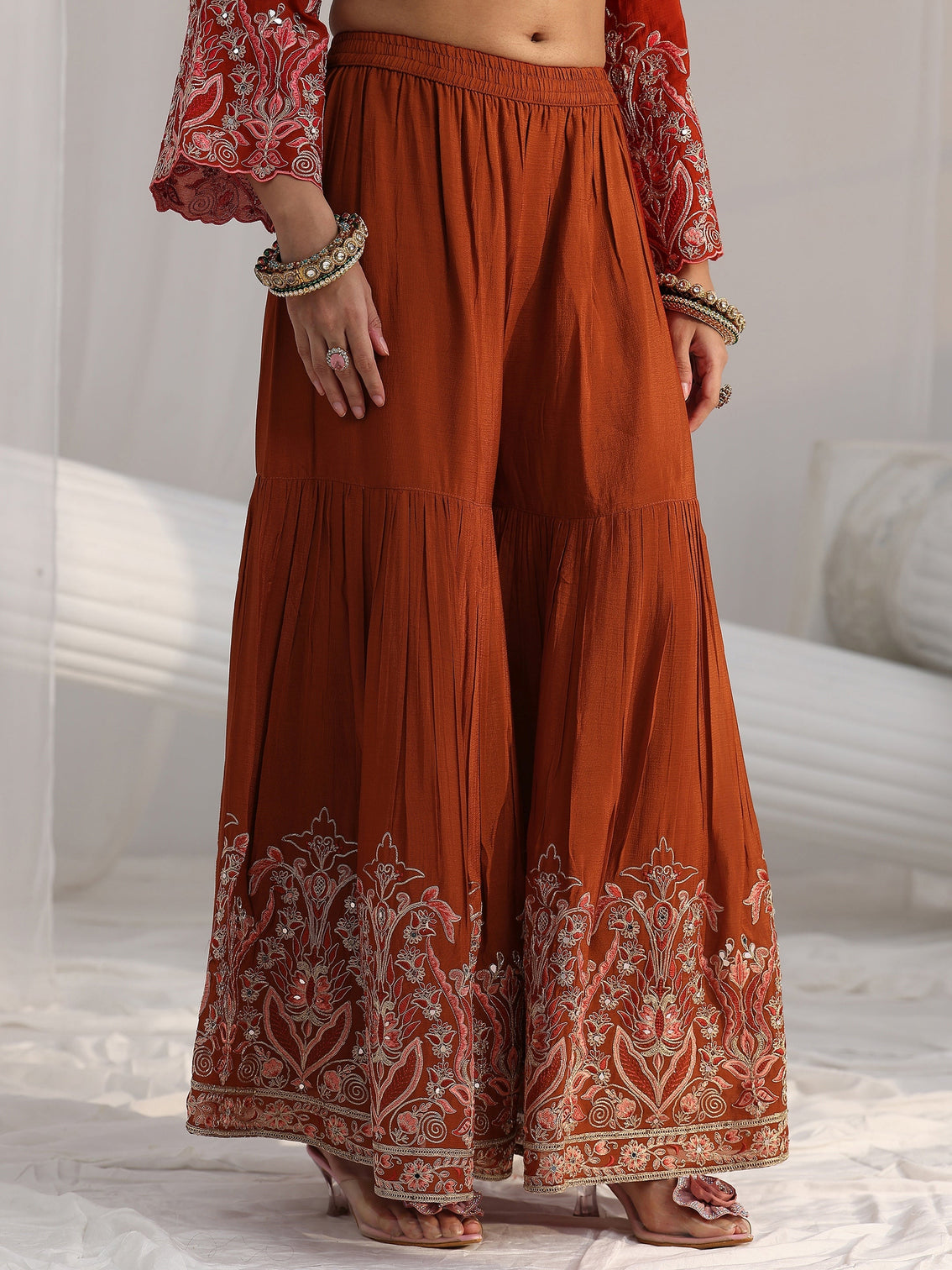 Mameraa Art Rust Brown Floral Embroidered Chinon Sharara Suit Set