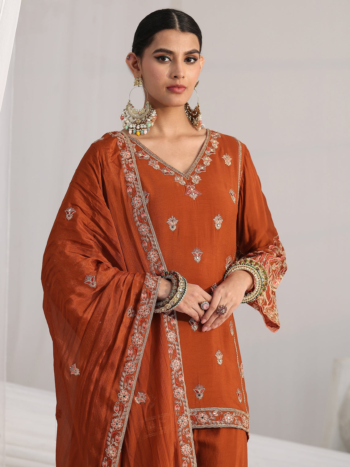 Mameraa Art Rust Brown Floral Embroidered Chinon Sharara Suit Set
