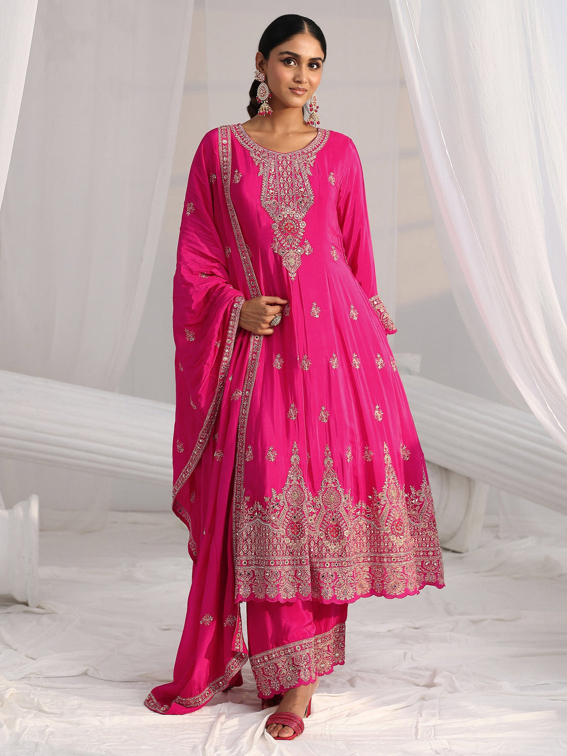 Mameraa Art Hot Pink Embellished Crepe A Line Suit Set