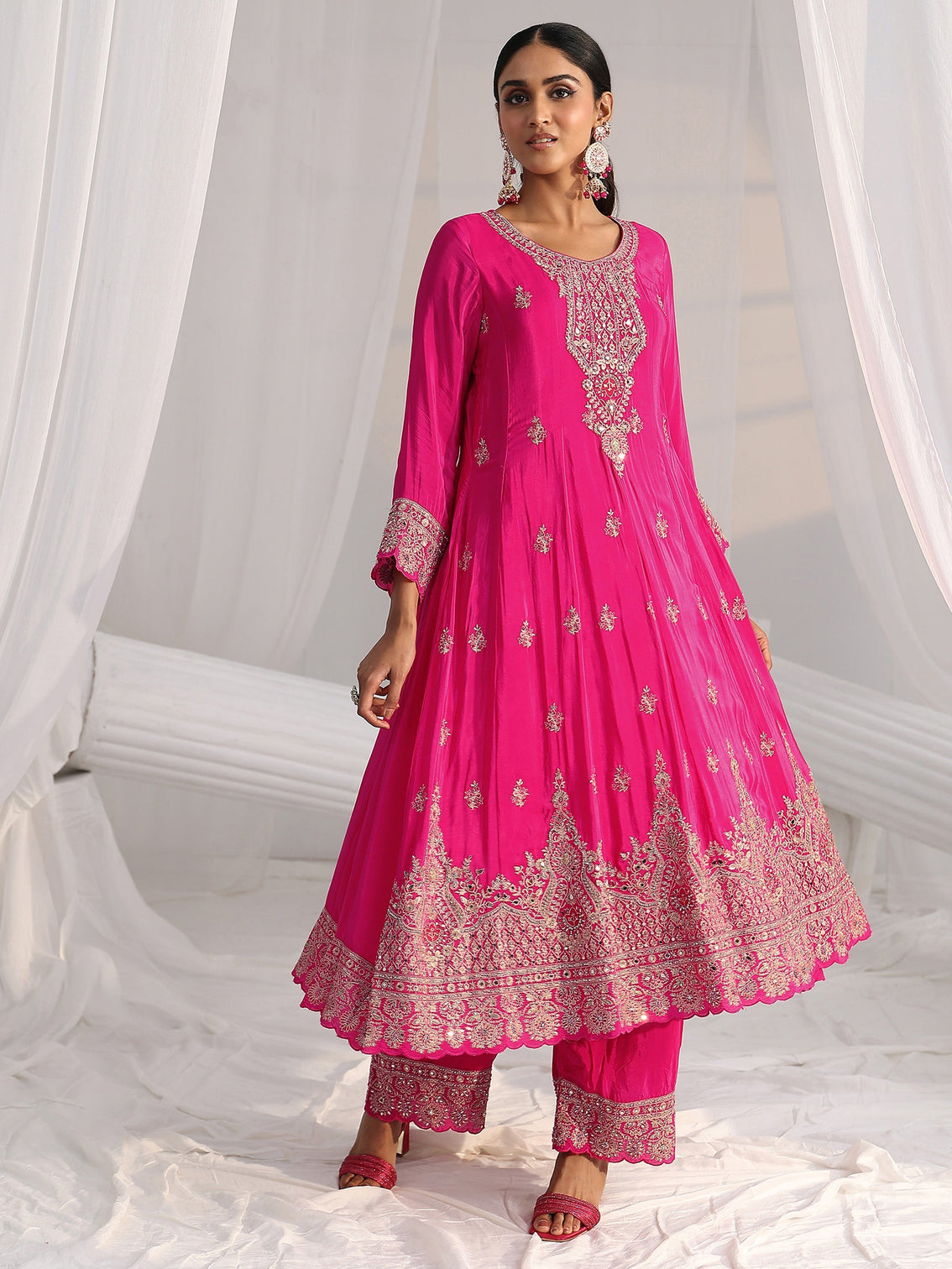Mameraa Art Hot Pink Embellished Crepe A Line Suit Set