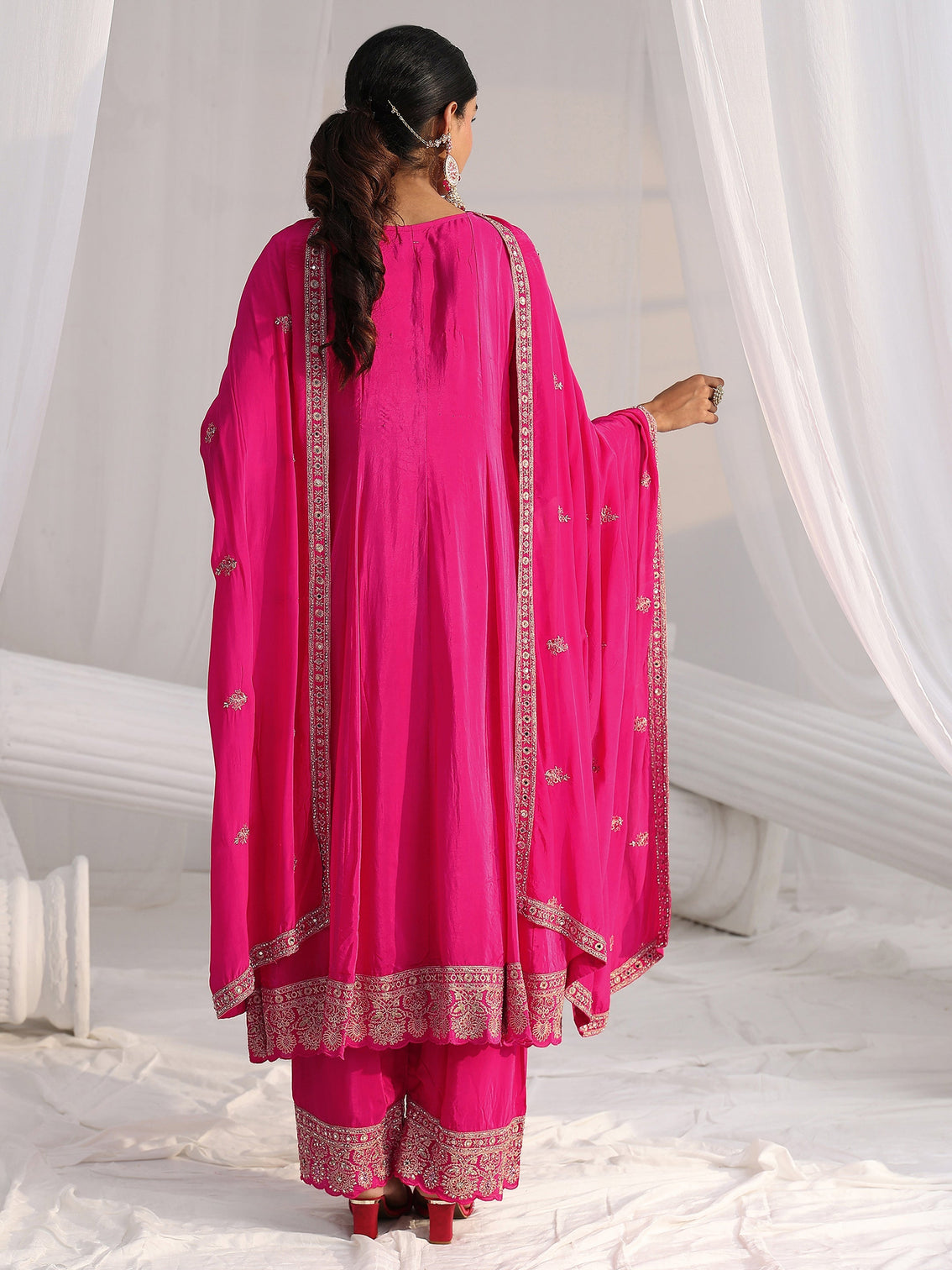 Mameraa Art Hot Pink Embellished Crepe A Line Suit Set