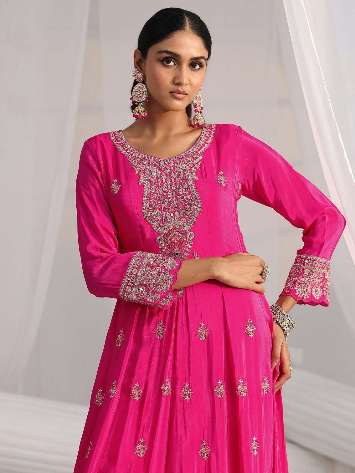Mameraa Art Hot Pink Embellished Crepe A Line Suit Set