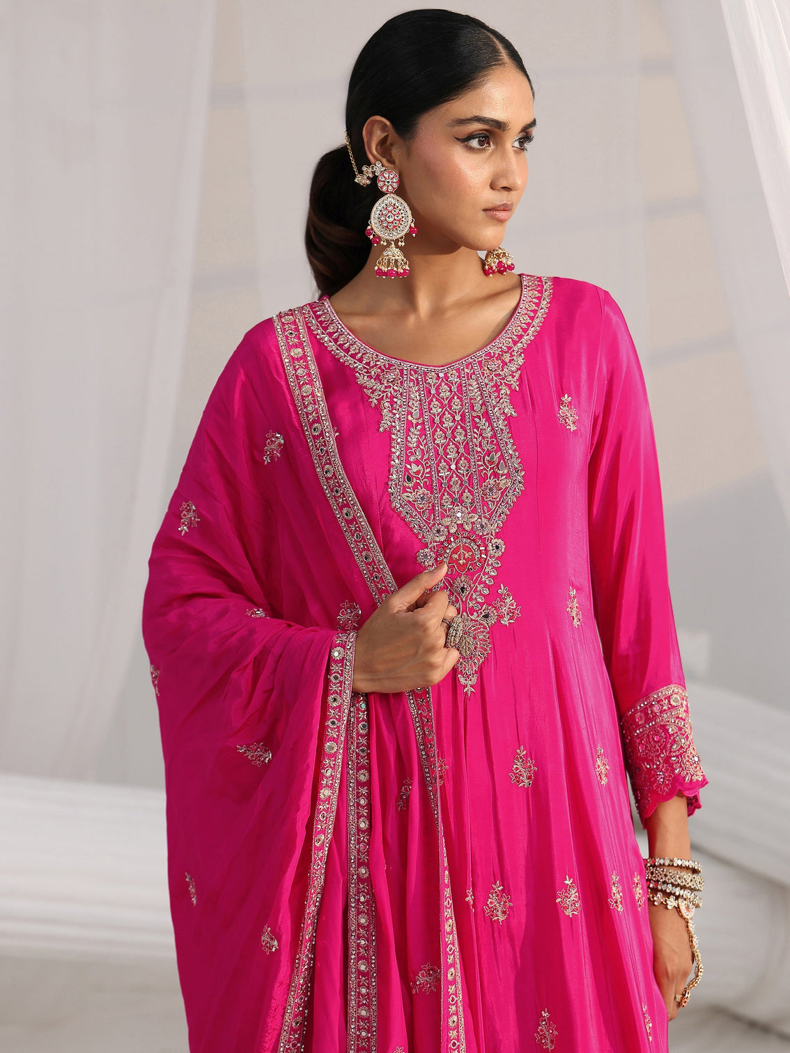 Mameraa Art Hot Pink Embellished Crepe A Line Suit Set