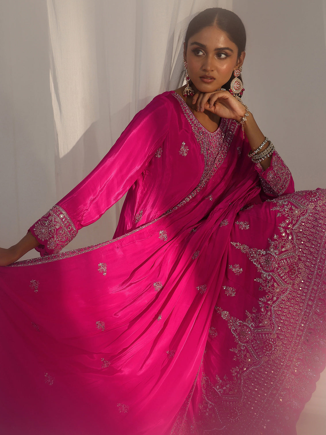 Mameraa Art Hot Pink Embellished Crepe A Line Suit Set