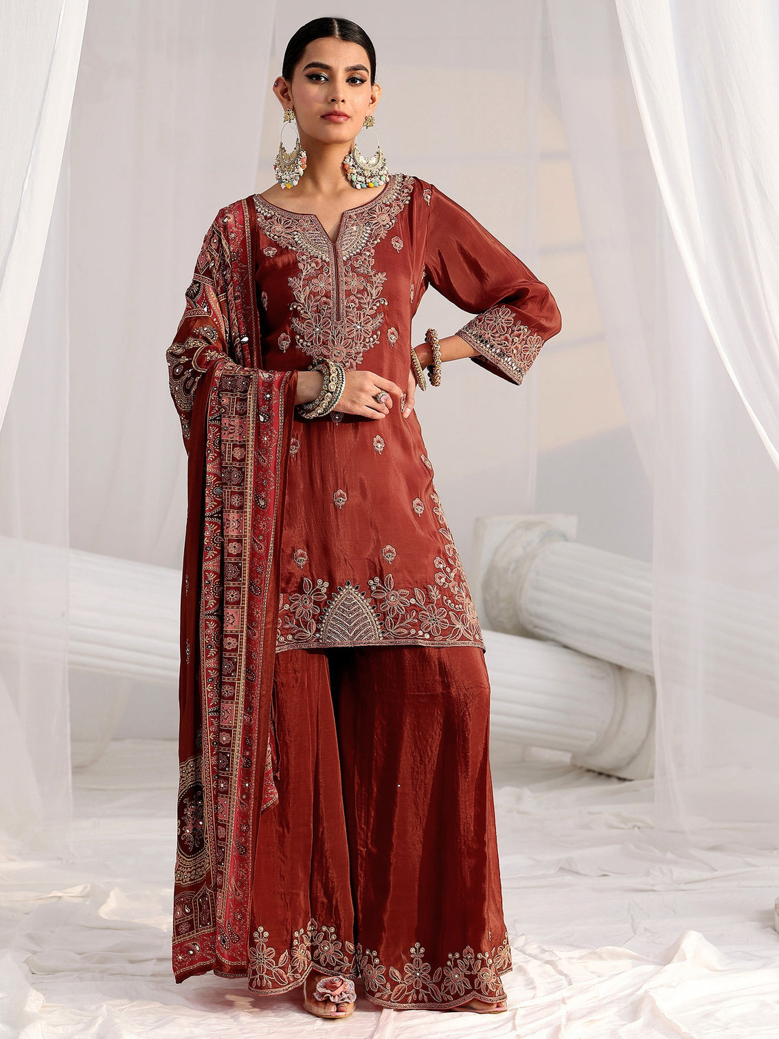 Mameraa Art Rust Brown Floral Embroidered Crepe Palazzo Suit Set