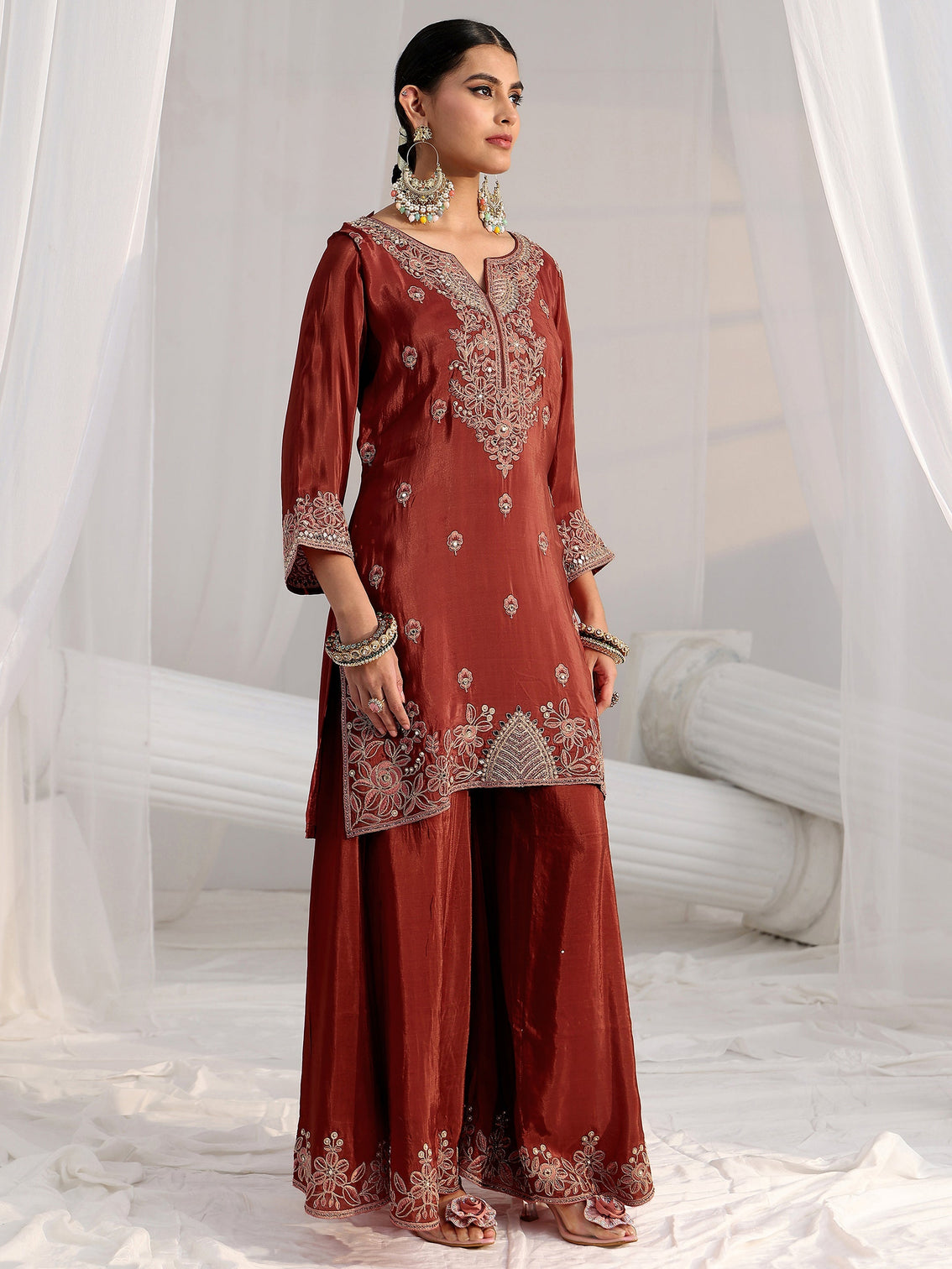 Mameraa Art Rust Brown Floral Embroidered Crepe Palazzo Suit Set