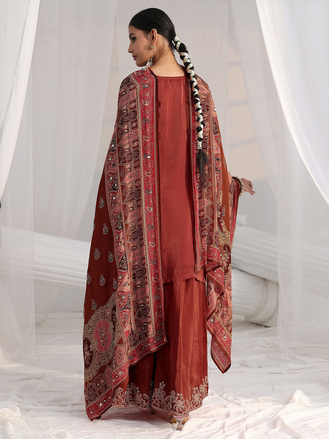 Mameraa Art Rust Brown Floral Embroidered Crepe Palazzo Suit Set