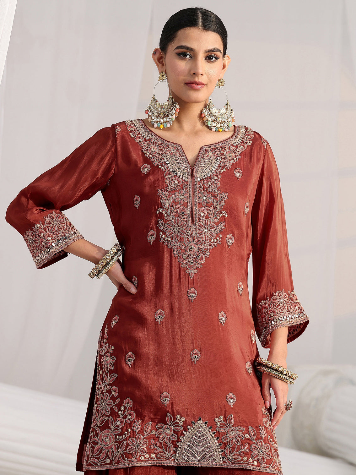 Mameraa Art Rust Brown Floral Embroidered Crepe Palazzo Suit Set