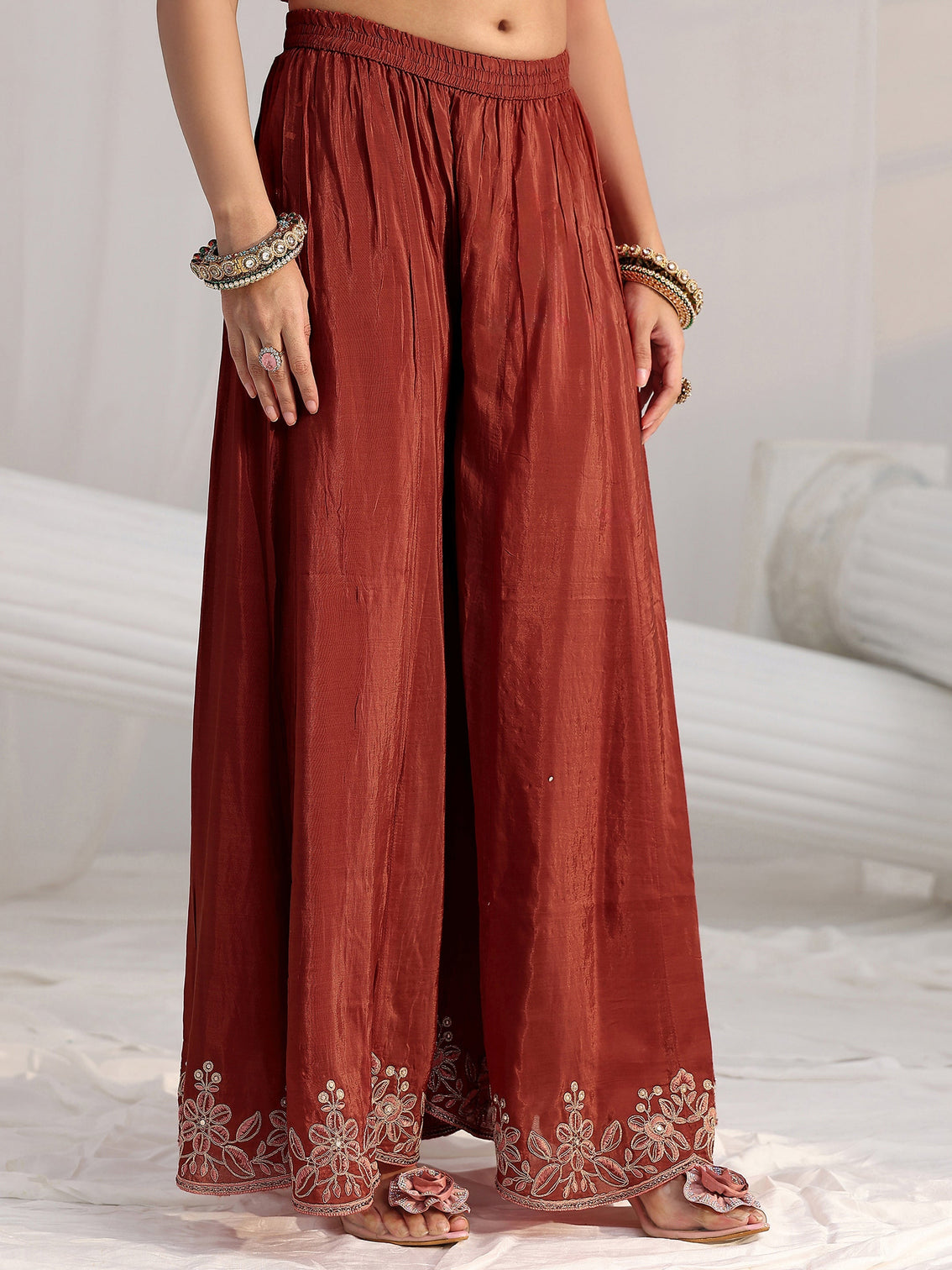 Mameraa Art Rust Brown Floral Embroidered Crepe Palazzo Suit Set