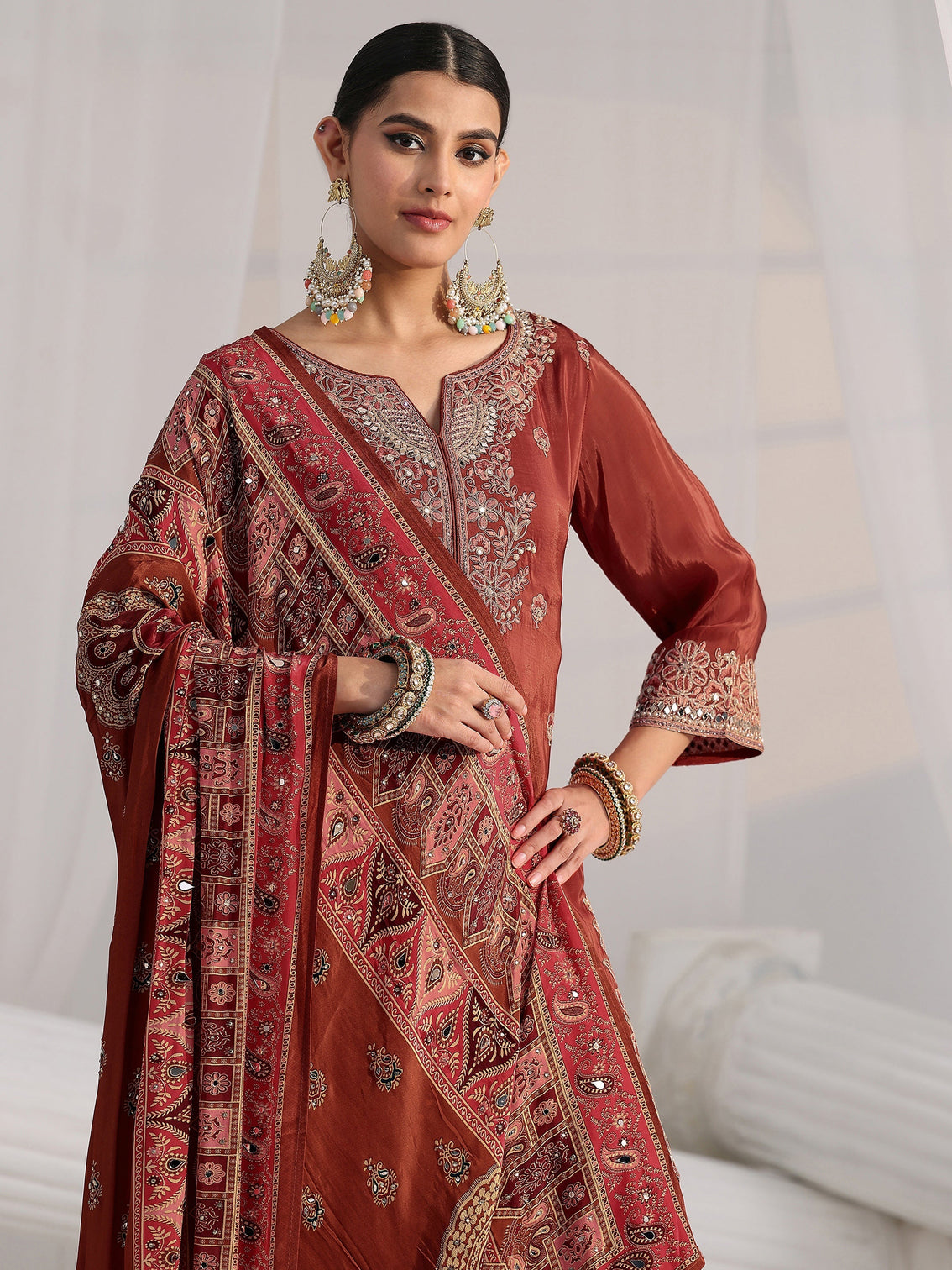 Mameraa Art Rust Brown Floral Embroidered Crepe Palazzo Suit Set