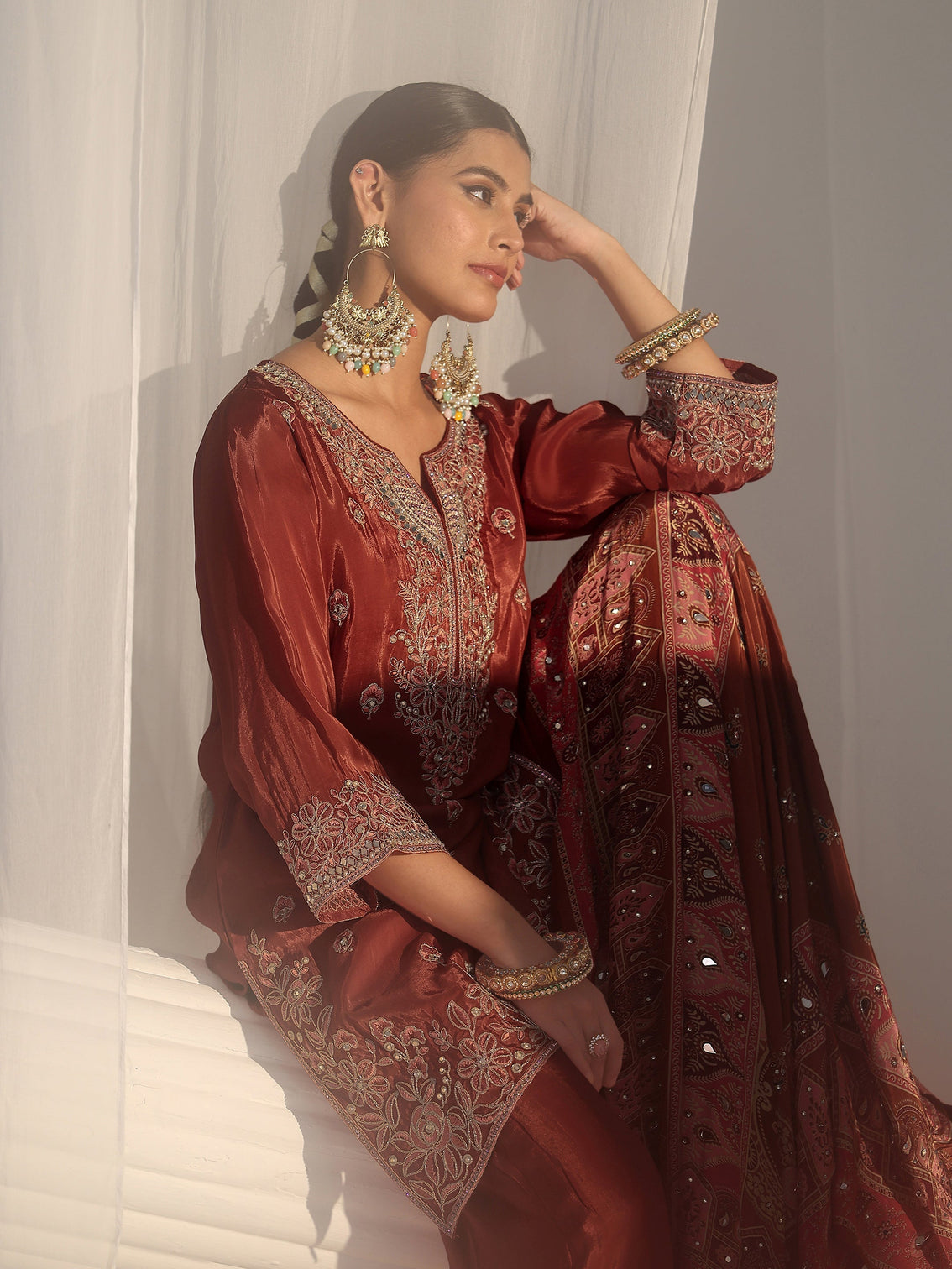 Mameraa Art Rust Brown Floral Embroidered Crepe Palazzo Suit Set