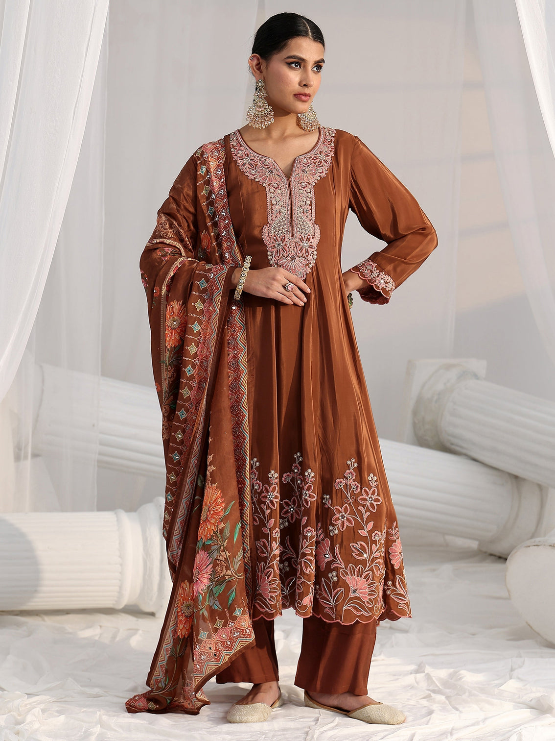 Mameraa Art Brown Floral Embellished Crepe Anarkali Suit Set
