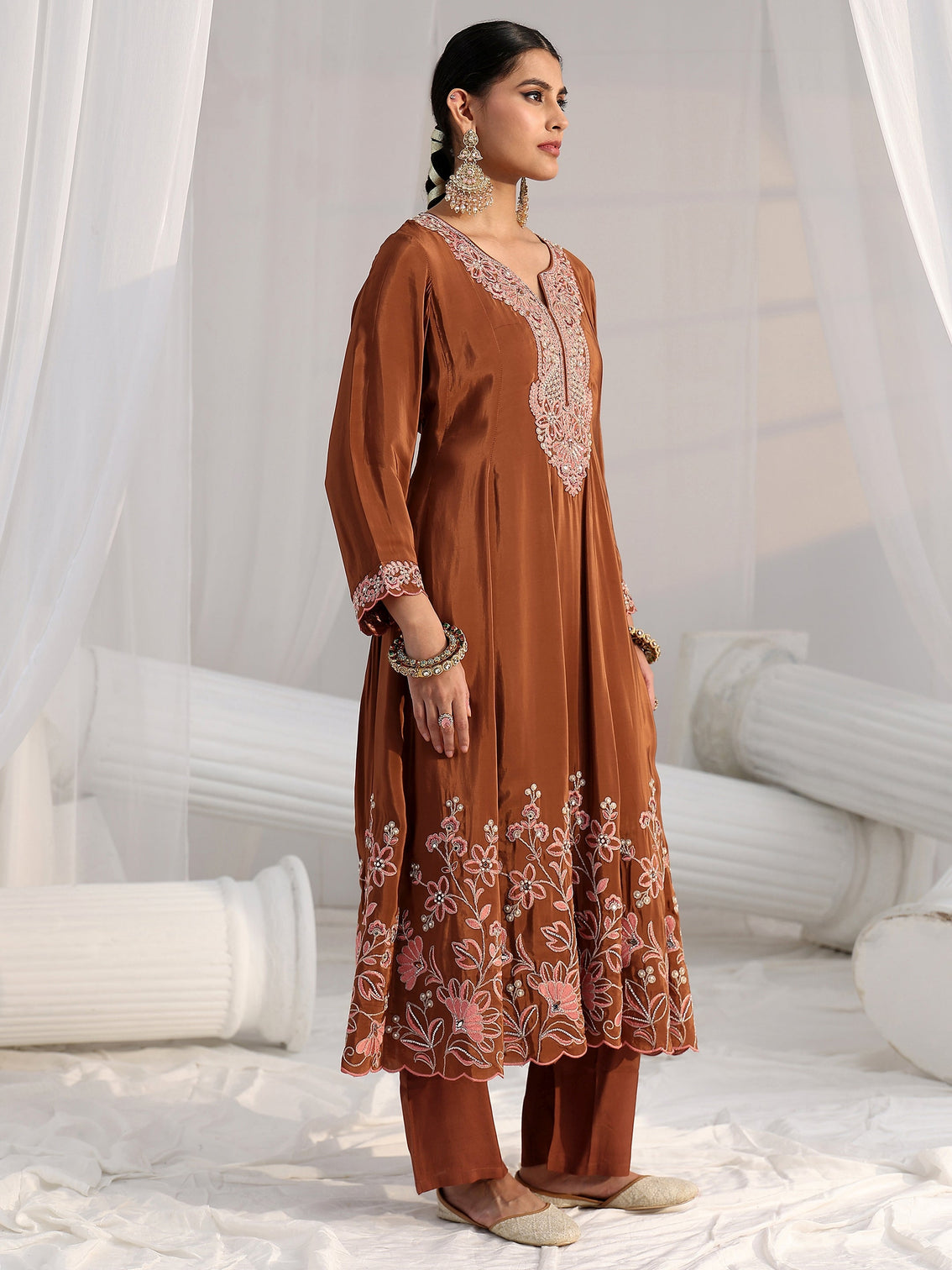 Mameraa Art Brown Floral Embellished Crepe Anarkali Suit Set