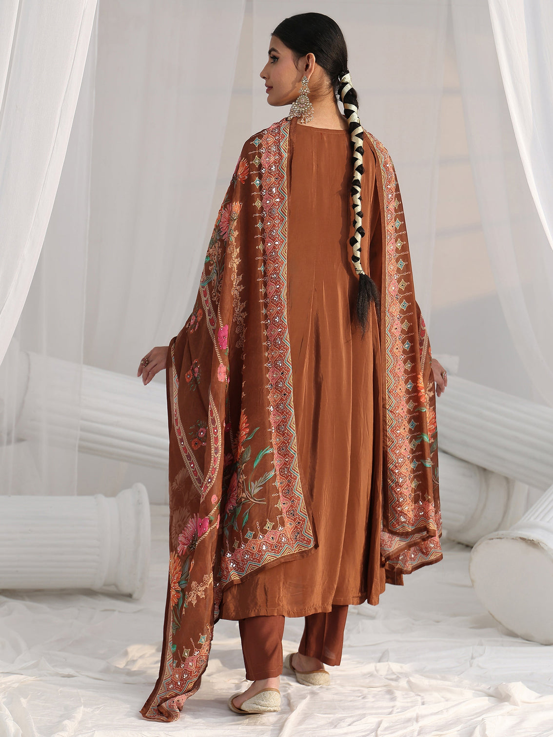 Mameraa Art Brown Floral Embellished Crepe Anarkali Suit Set