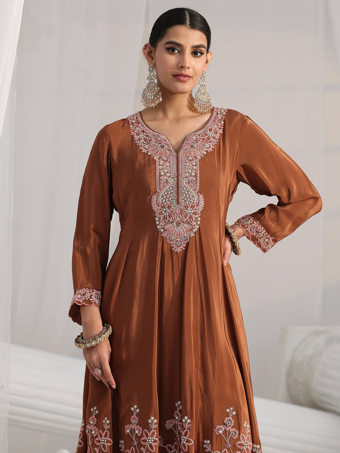 Mameraa Art Brown Floral Embellished Crepe Anarkali Suit Set
