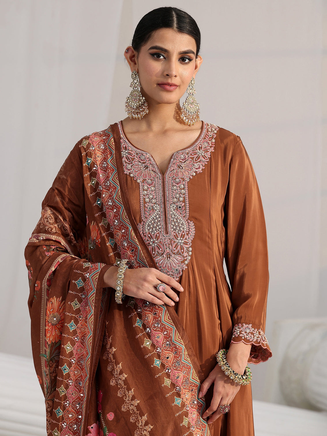 Mameraa Art Brown Floral Embellished Crepe Anarkali Suit Set