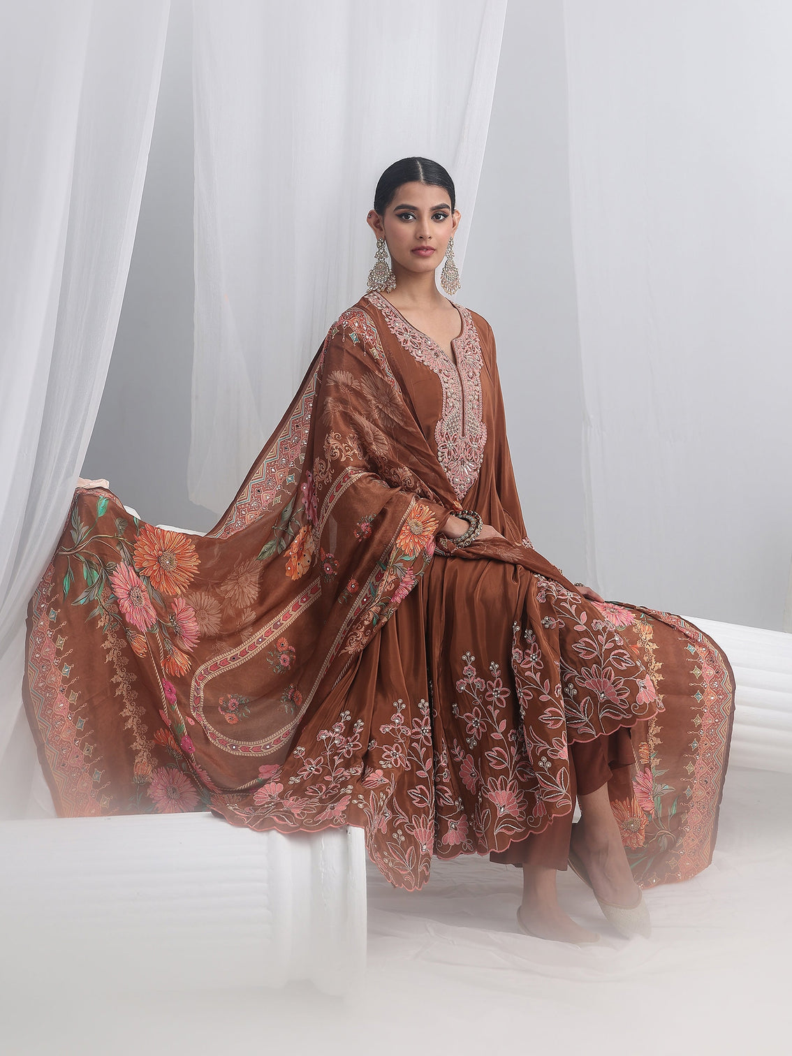 Mameraa Art Brown Floral Embellished Crepe Anarkali Suit Set