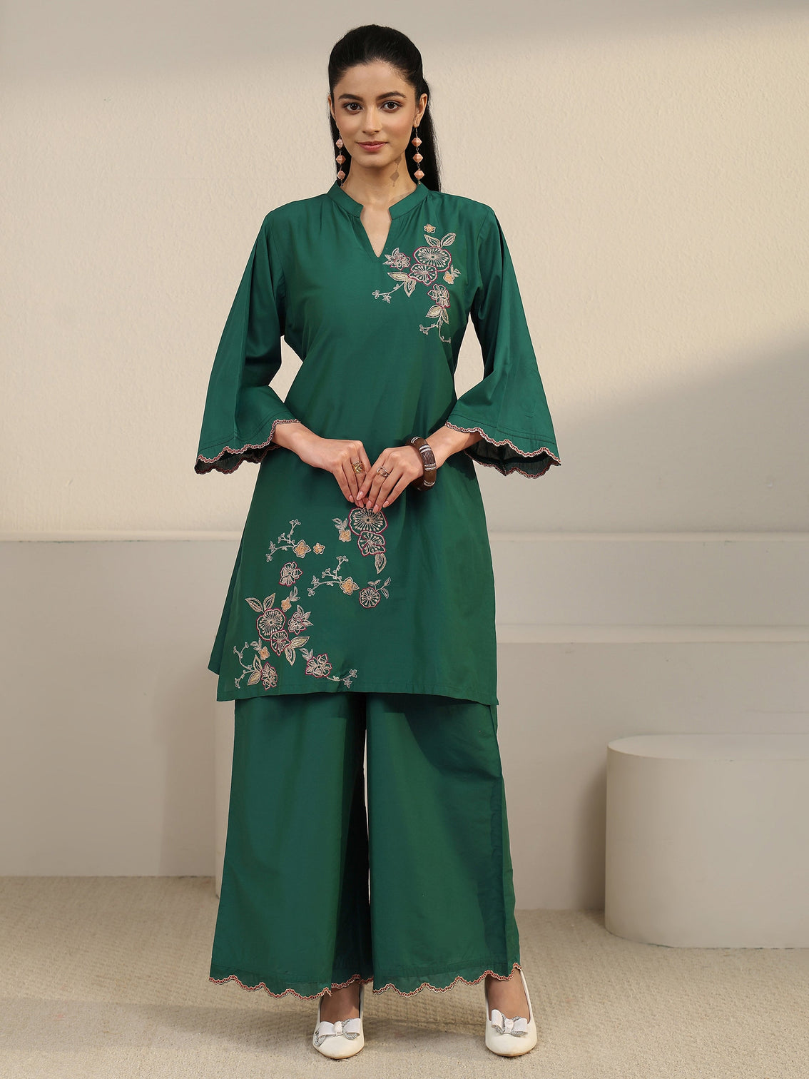 Mameraa Green Floral Embroidered Silk Blend Co-ord Set