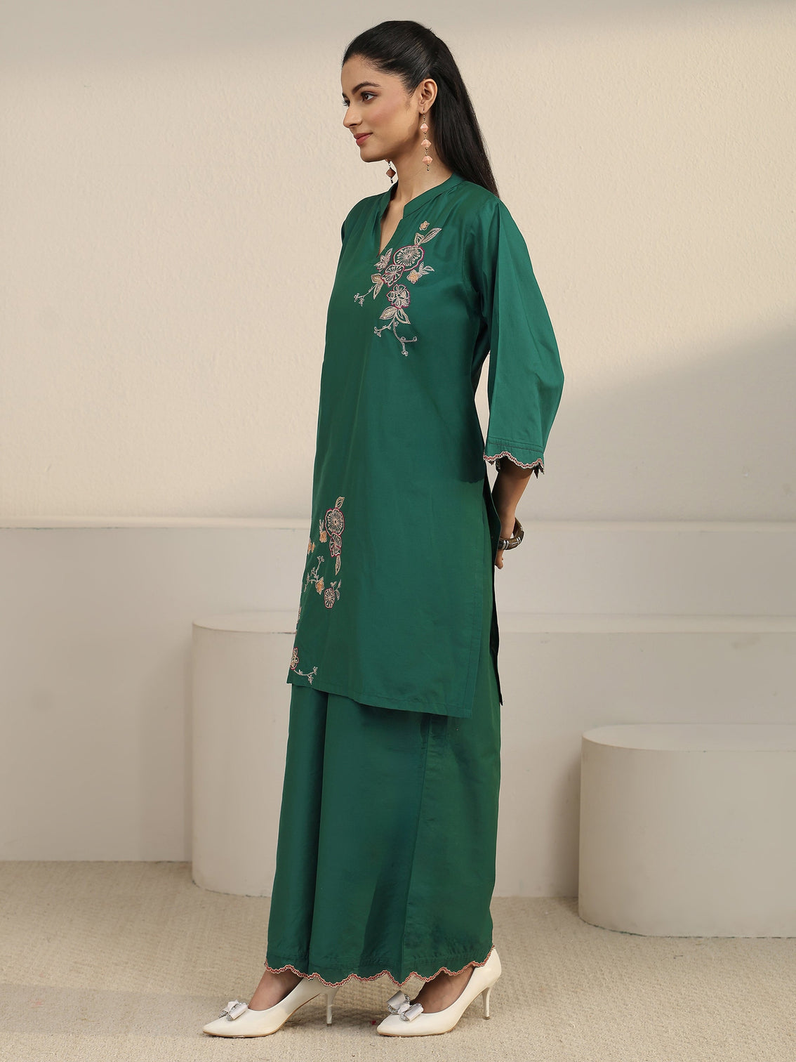 Mameraa Green Floral Embroidered Silk Blend Co-ord Set