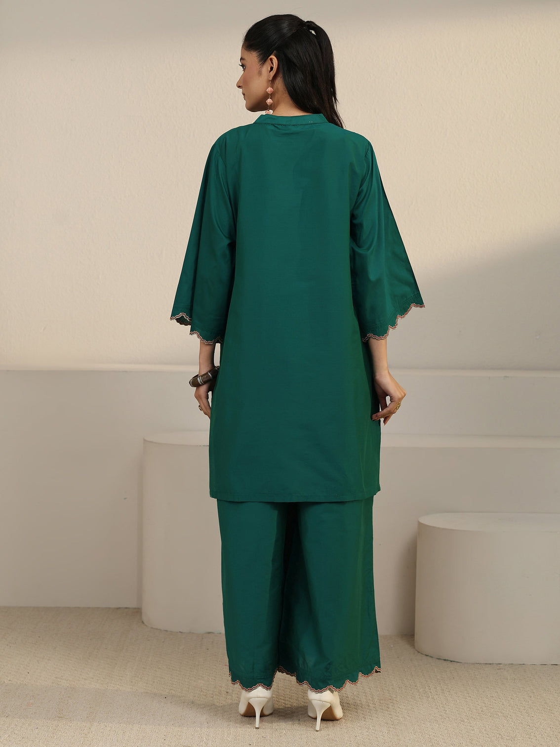 Mameraa Green Floral Embroidered Silk Blend Co-ord Set