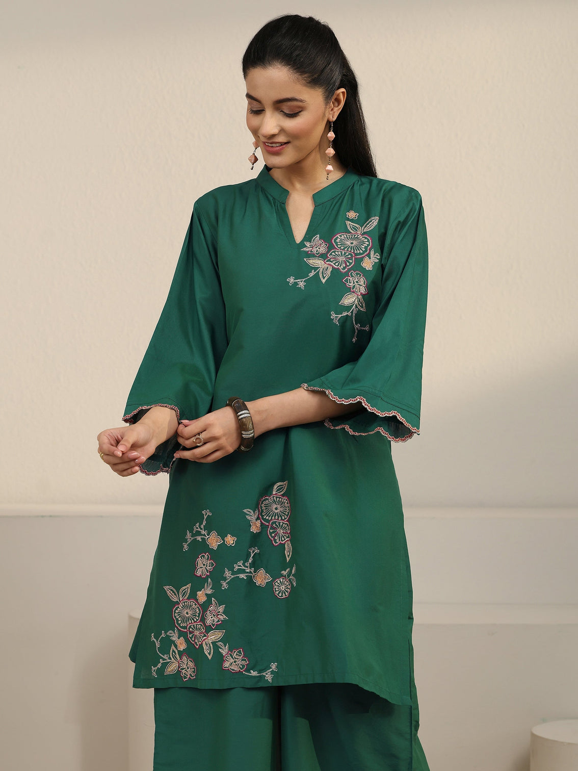 Mameraa Green Floral Embroidered Silk Blend Co-ord Set