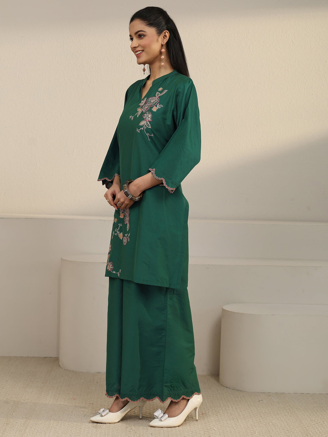 Mameraa Green Floral Embroidered Silk Blend Co-ord Set