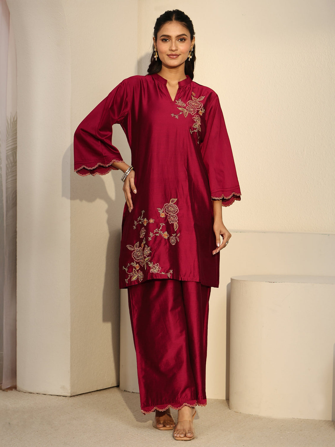 Mameraa Crimson Red Floral Embroidered Silk Blend Co-Ord Set