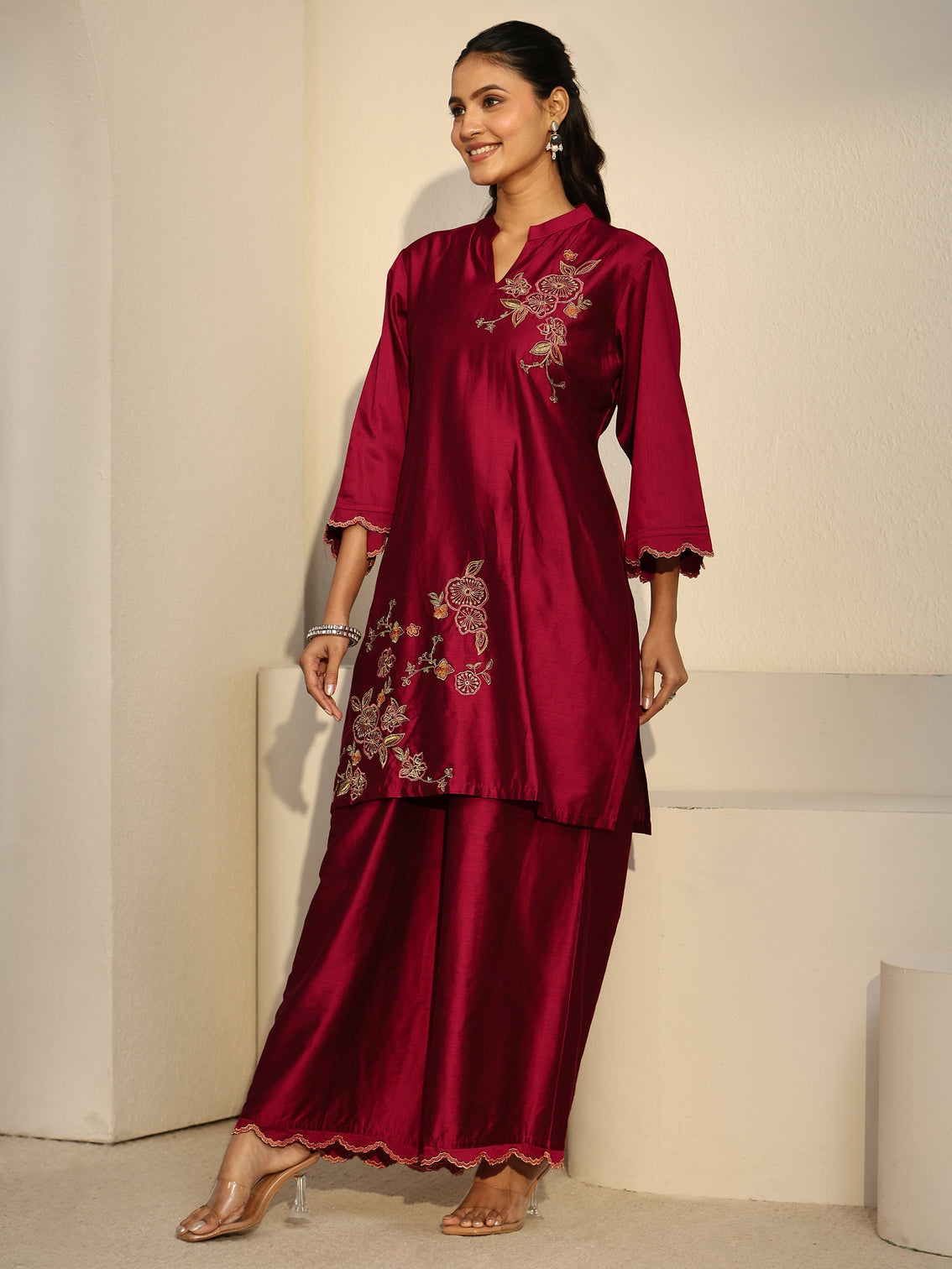 Mameraa Crimson Red Floral Embroidered Silk Blend Co-Ord Set