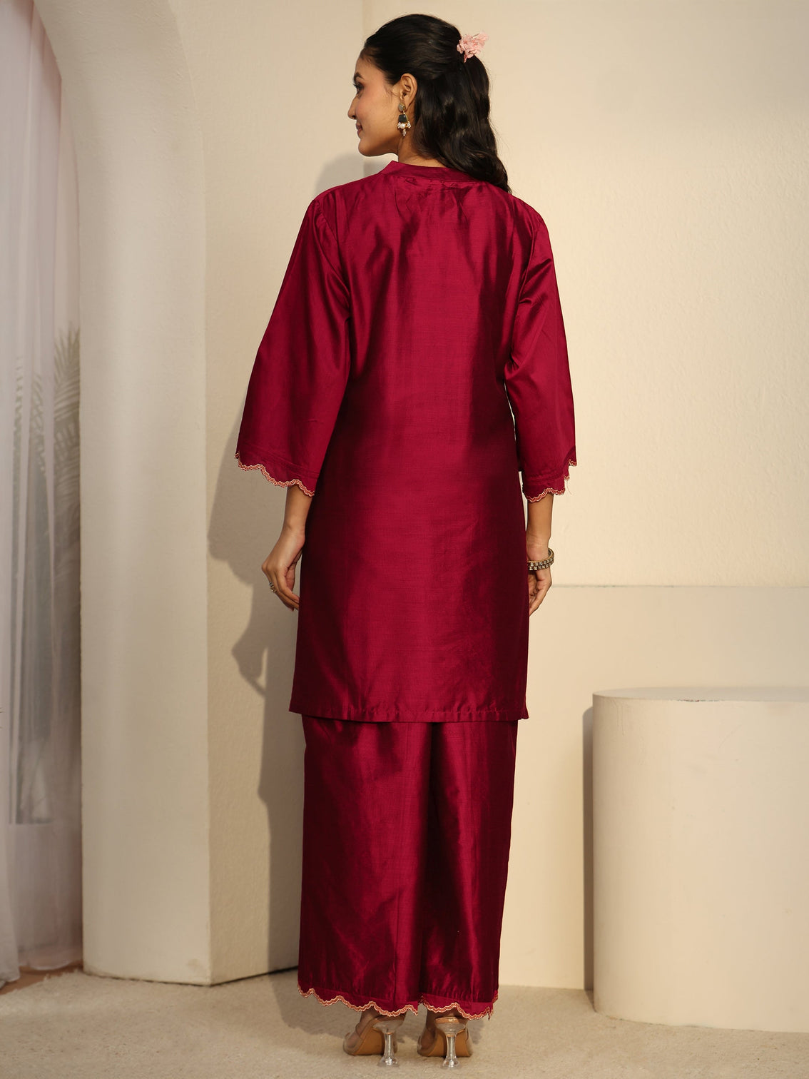 Mameraa Crimson Red Floral Embroidered Silk Blend Co-Ord Set