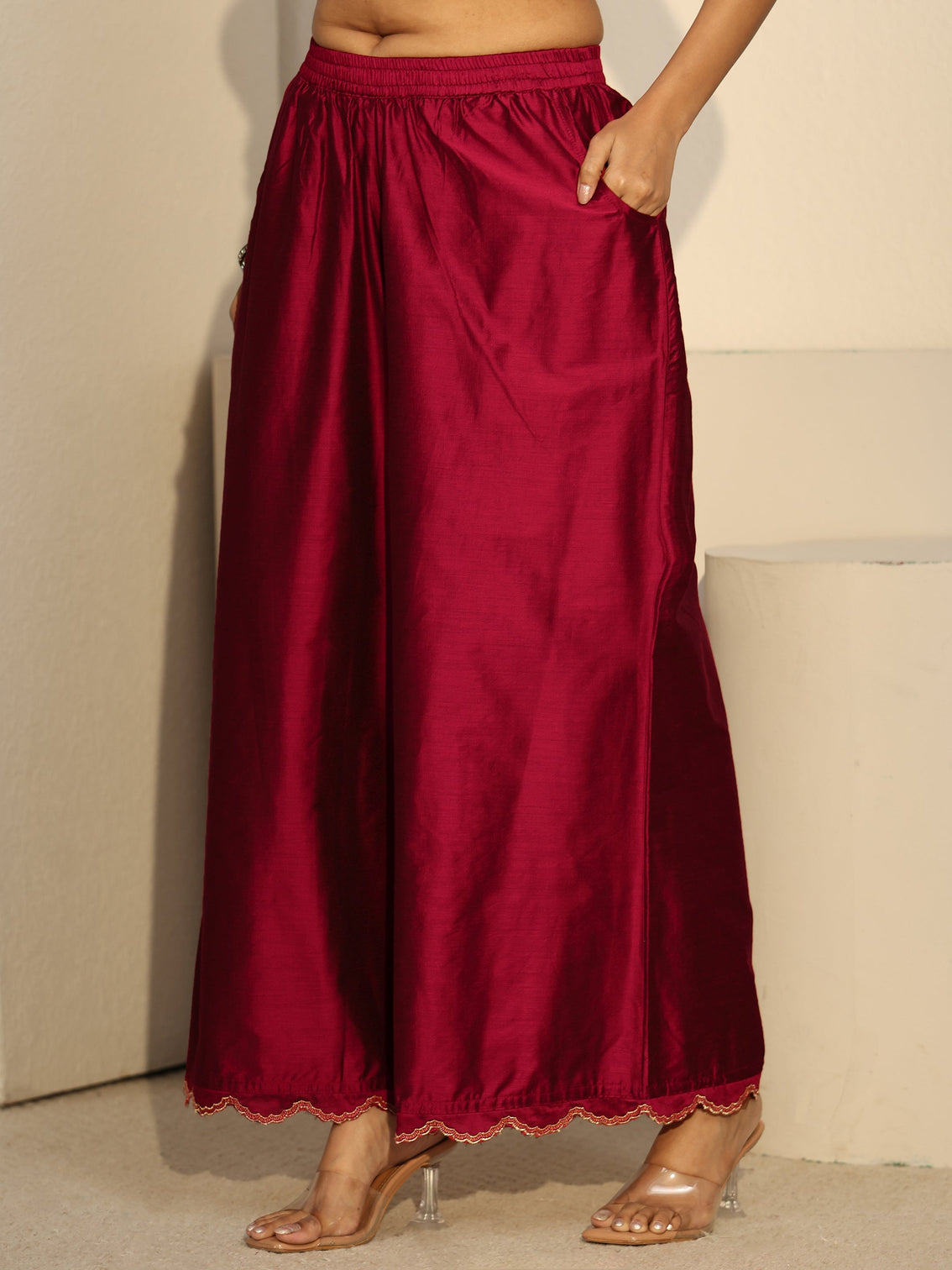 Mameraa Crimson Red Floral Embroidered Silk Blend Co-Ord Set