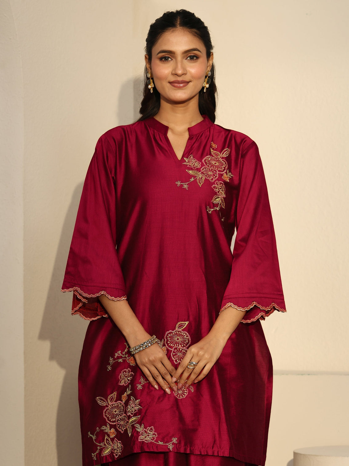 Mameraa Crimson Red Floral Embroidered Silk Blend Co-Ord Set