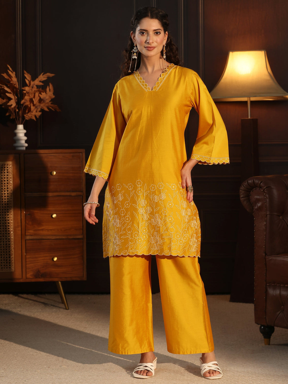 Mameraa Mustard Floral Embroidered Silk Blend Co-Ord Set