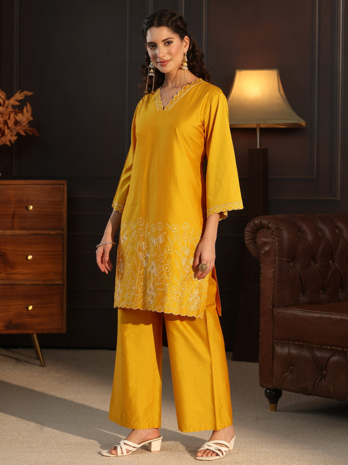 Mameraa Mustard Floral Embroidered Silk Blend Co-Ord Set
