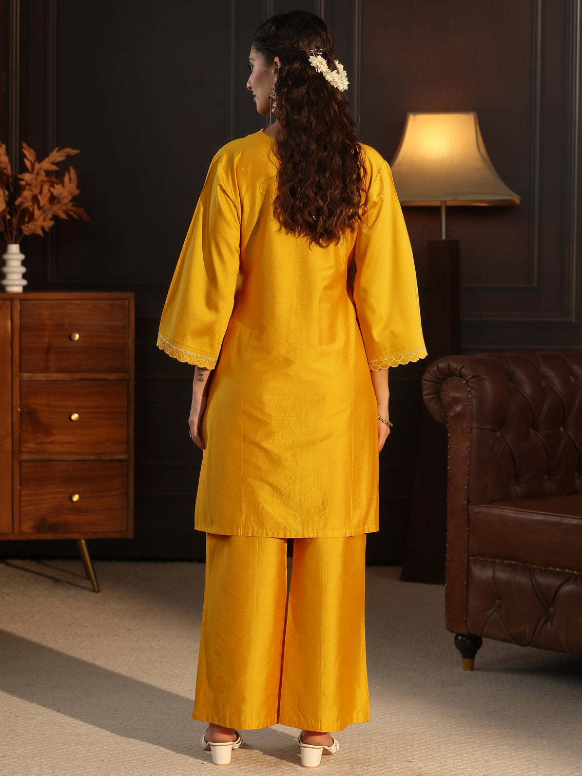 Mameraa Mustard Floral Embroidered Silk Blend Co-Ord Set