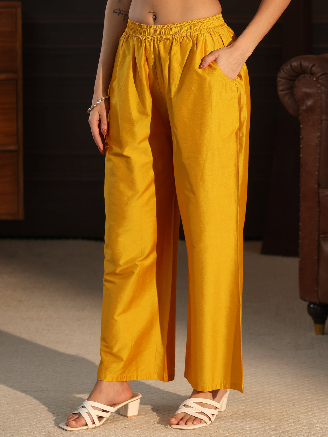 Mameraa Mustard Floral Embroidered Silk Blend Co-Ord Set