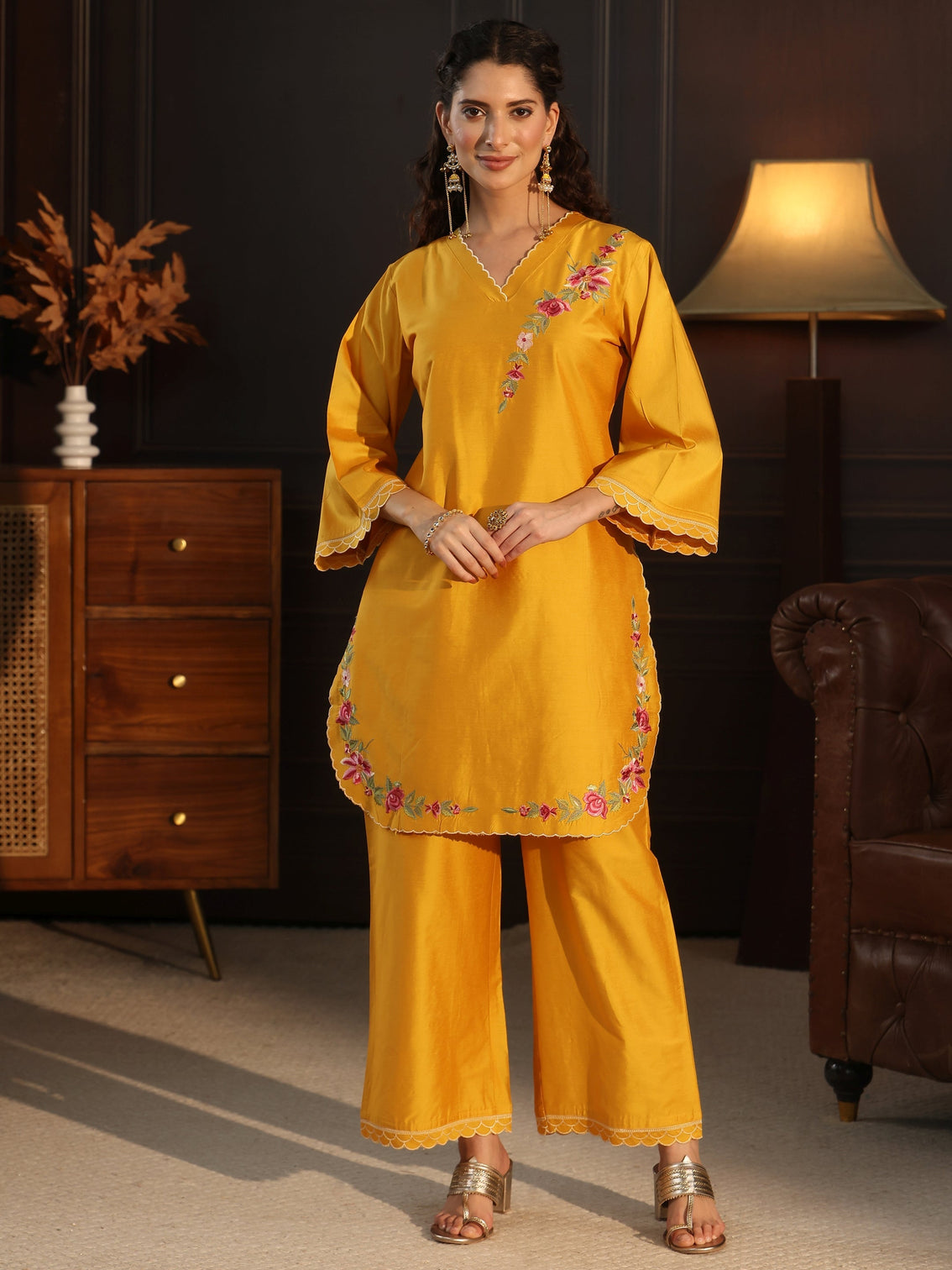 Mameraa Mustard Floral Embroidered Silk Blend Co-Ord Set