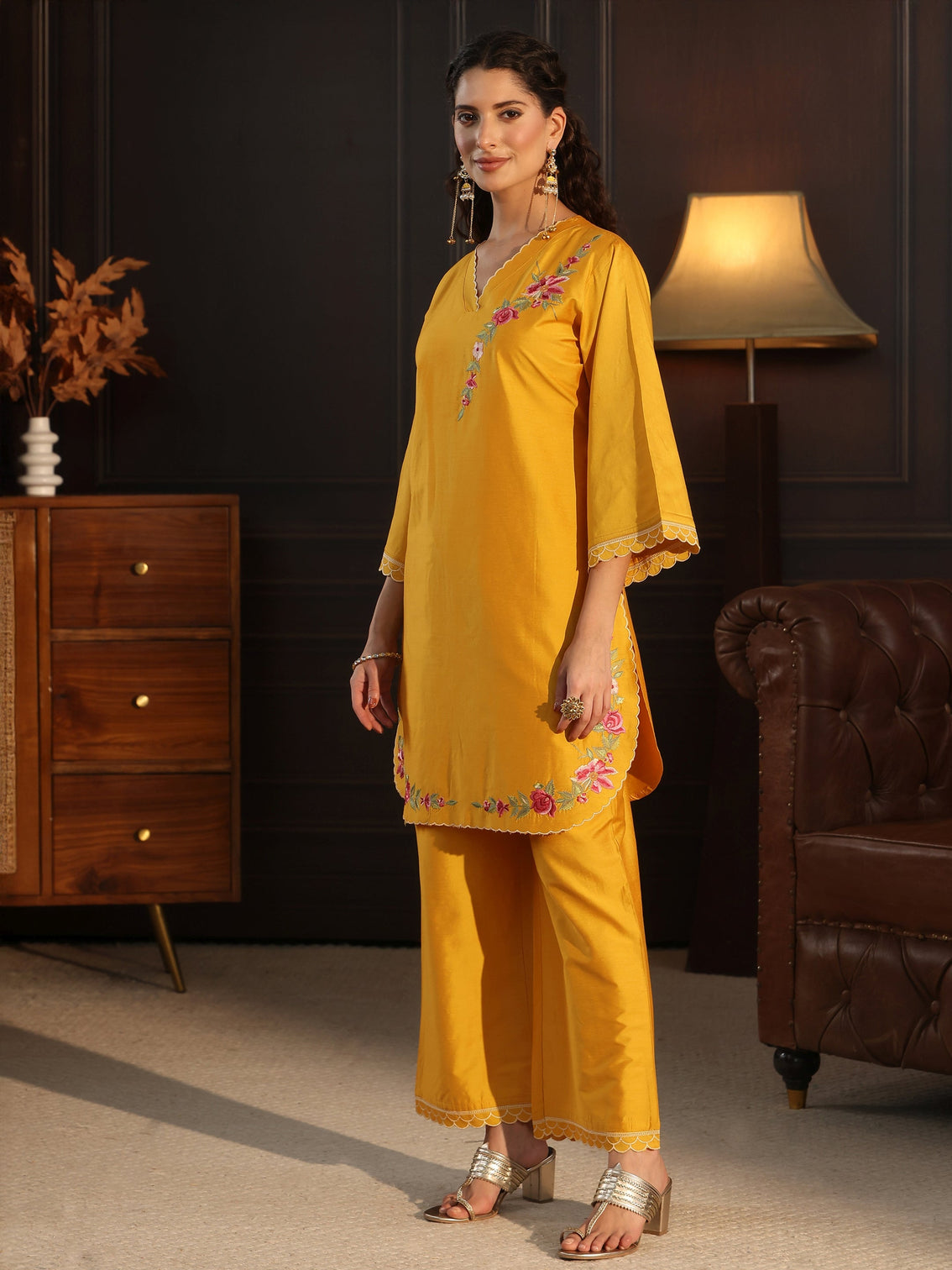 Mameraa Mustard Floral Embroidered Silk Blend Co-Ord Set