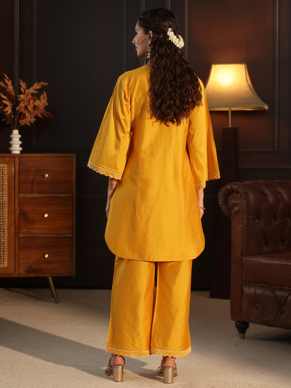 Mameraa Mustard Floral Embroidered Silk Blend Co-Ord Set