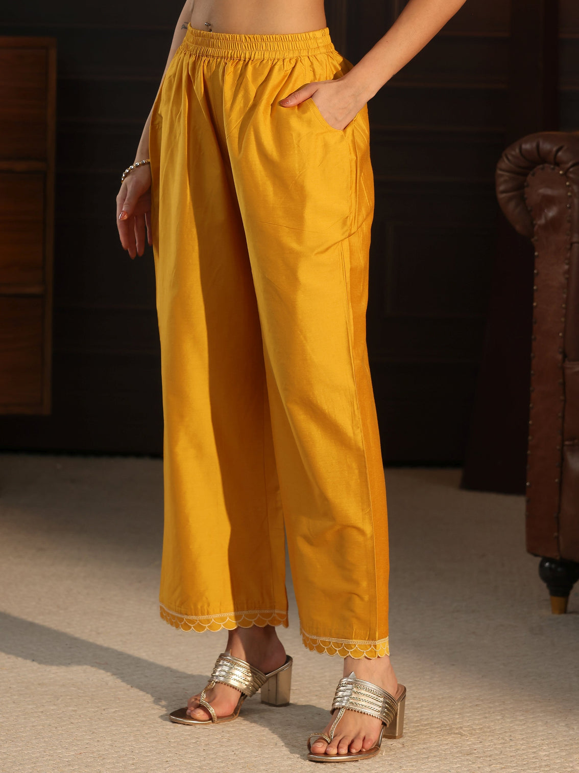 Mameraa Mustard Floral Embroidered Silk Blend Co-Ord Set