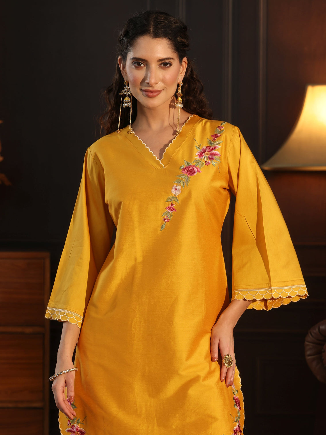 Mameraa Mustard Floral Embroidered Silk Blend Co-Ord Set