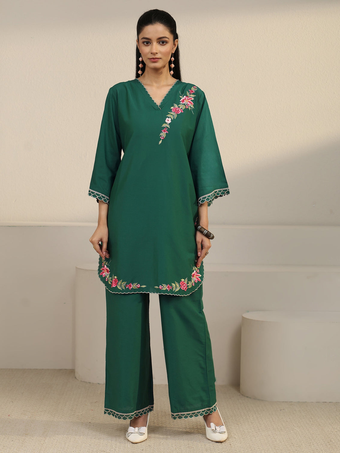 Mameraa Green Floral Embroidered Silk Blend Co-ord Set