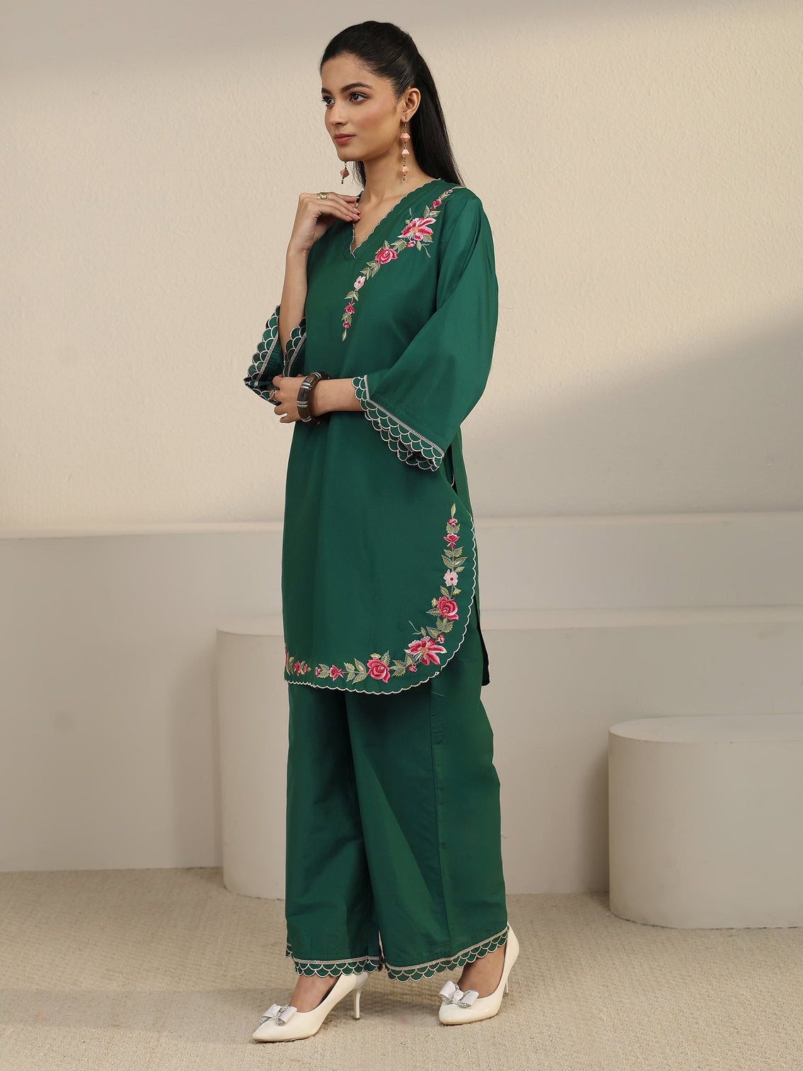 Mameraa Green Floral Embroidered Silk Blend Co-ord Set