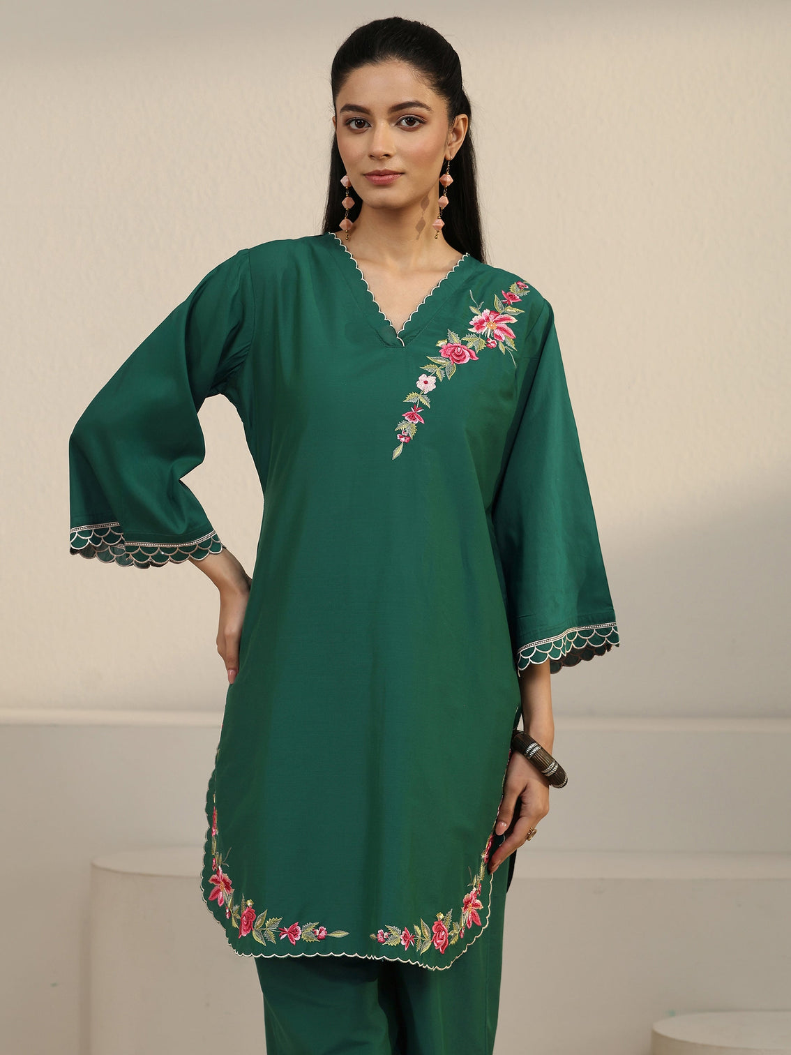 Mameraa Green Floral Embroidered Silk Blend Co-ord Set