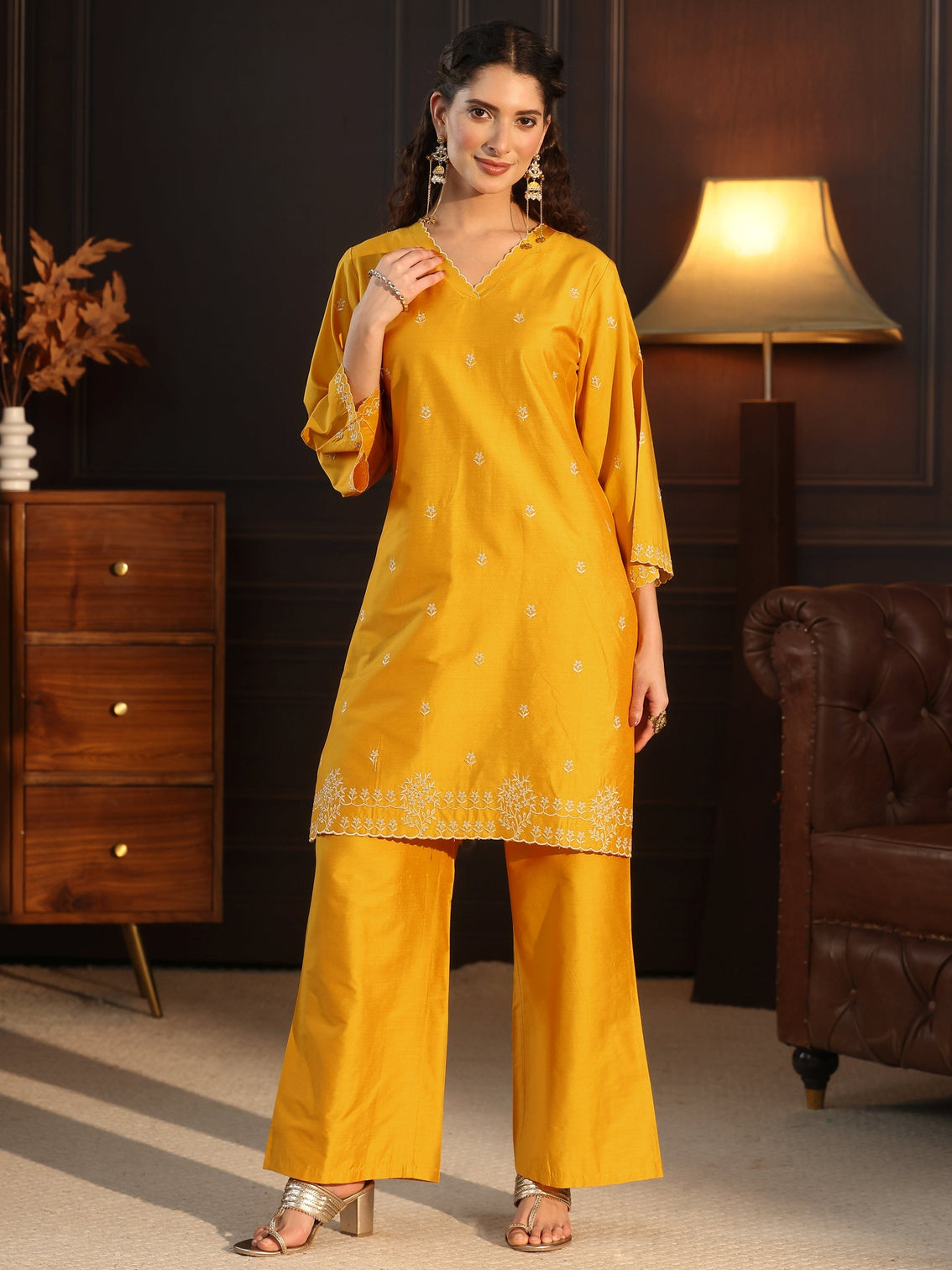 Mameraa Mustard Floral Embroidered Silk Blend Co-Ord Set